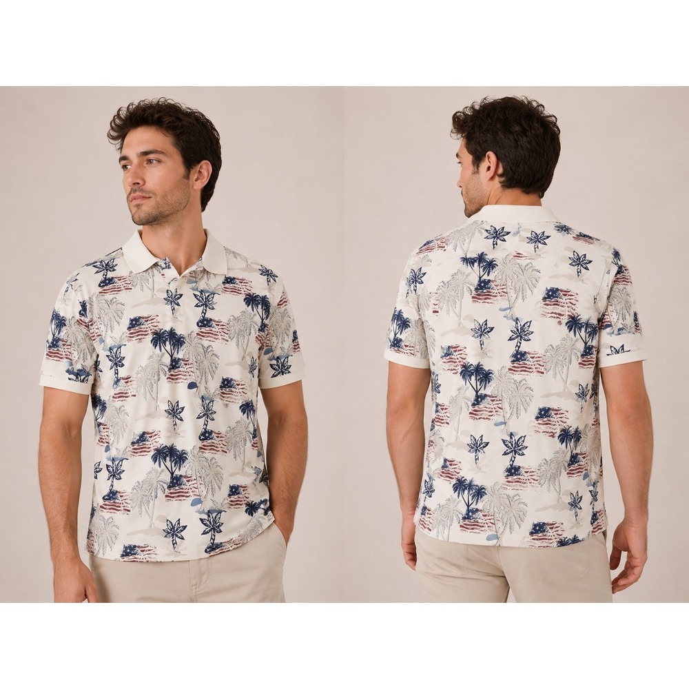C&B Sport‎ Croft & Barrow Men's XLT Patriotic Palm Tree Polo Shirt USA Print